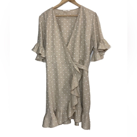 Wayf linen tans & white polka dot true wrap dress with ruffle sleeves and hem - Picture 1 of 6